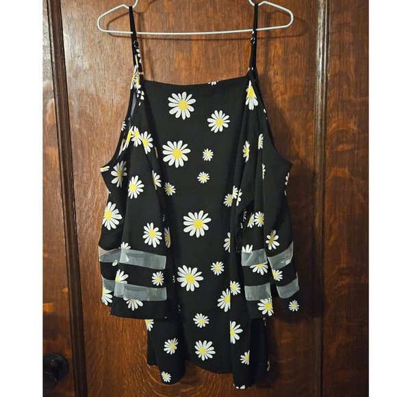 Summer Blouses Mesh Panel 3/4 Bell Sleeve Daisy Print ColdShoulder Top Plus Size - Picture 2 of 4